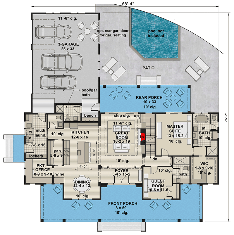 Modern Farmhouse Plan with French Door Greeting - 14679RK floor plan - Main Level