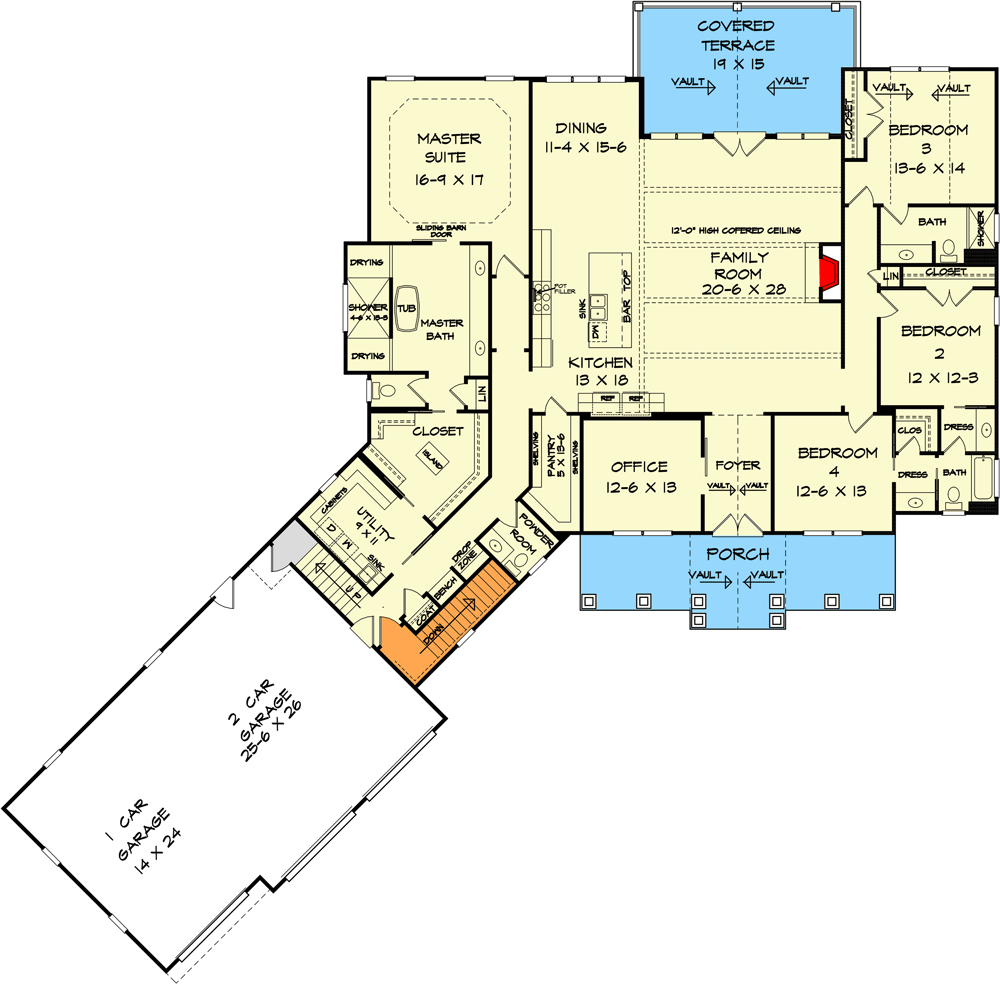 Craftsman House Plan with 3-Car Angled Garage - 360080DK floor plan - Main Level