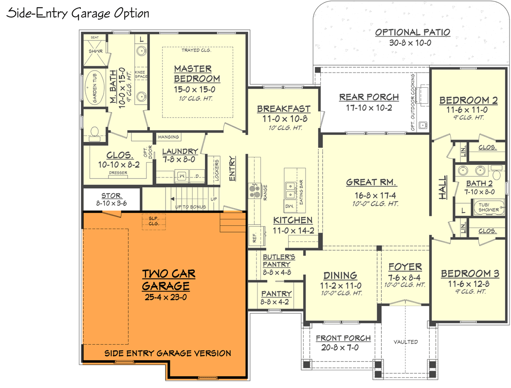 3 Bed Contemporary Craftsman with Bonus Over Garage - 51755HZ floor plan - Side Entry Garage Option 