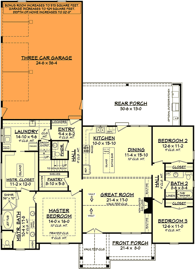 Country Craftsman House Plan with Split Bedroom Layout - 51796HZ floor plan - 3-Car Garage Option (929 sq. ft.)