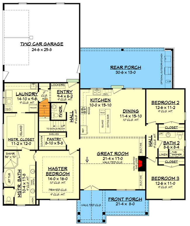 Country Craftsman House Plan with Split Bedroom Layout - 51796HZ floor plan - Basement Stair Location
