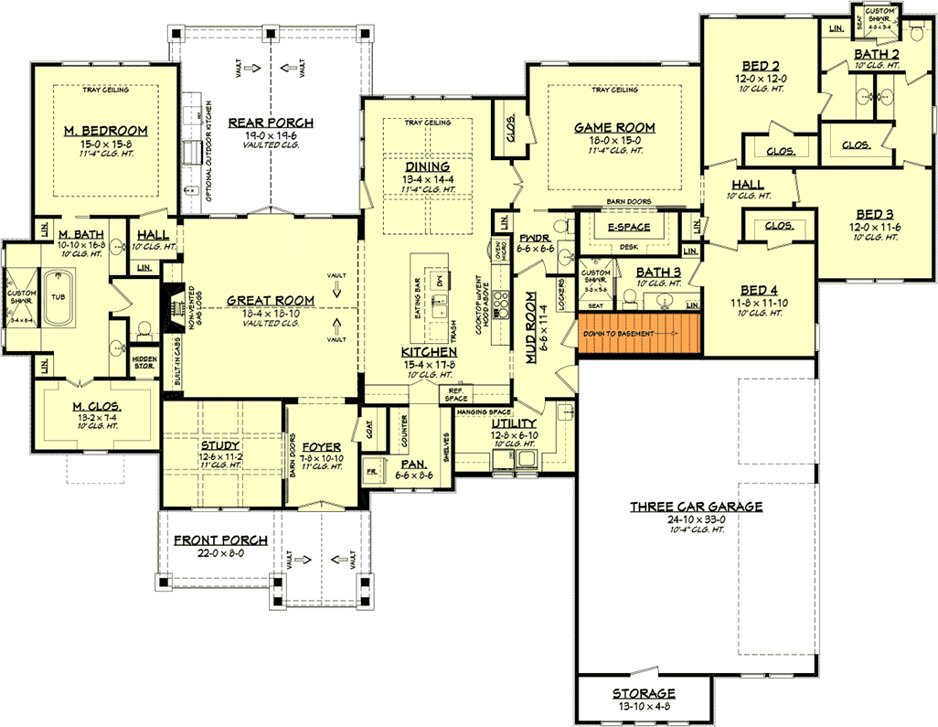 Hill Country Ranch Home Plan with Vaulted Great Room - 51800HZ floor plan - Main Floor - Basement Version