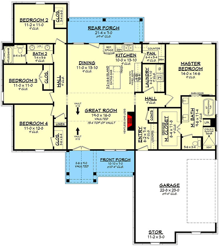 One-Story New American House Plan with Split Bedroom Layout - 51833HZ floor plan - Main Level