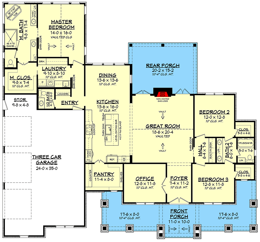 Split Bedroom Hill Country House Plan with Large Walk-in Pantry - 51838HZ floor plan - Main Level