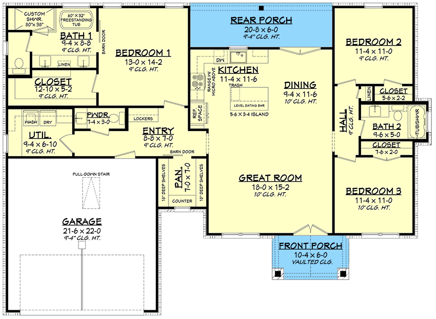 3 Bed Texas Farmhouse Plan with Large Walk-in Pantry - 51855HZ floor plan - Main Level