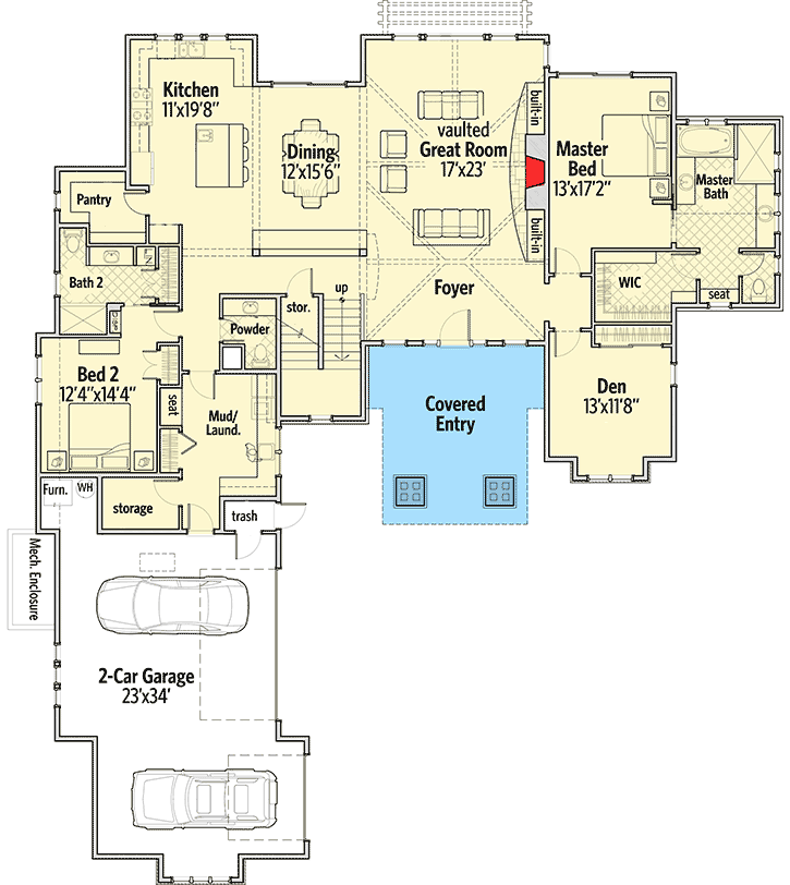 Exceptional 3 Bedroom Craftsman with Bonus Room  - 54226HU floor plan - Main Level