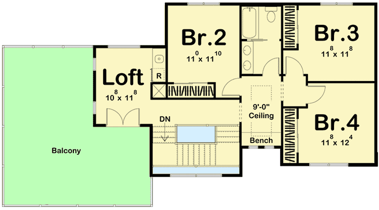 4-Bed Modern Prairie-Style House Plan with Massive Balcony Over Garage - 62749DJ floor plan - Second Floor