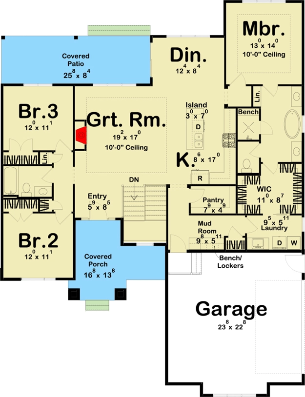 1-Story Modern Prairie-Style House Plan with Side Load Garage - 62808DJ floor plan - Main Level