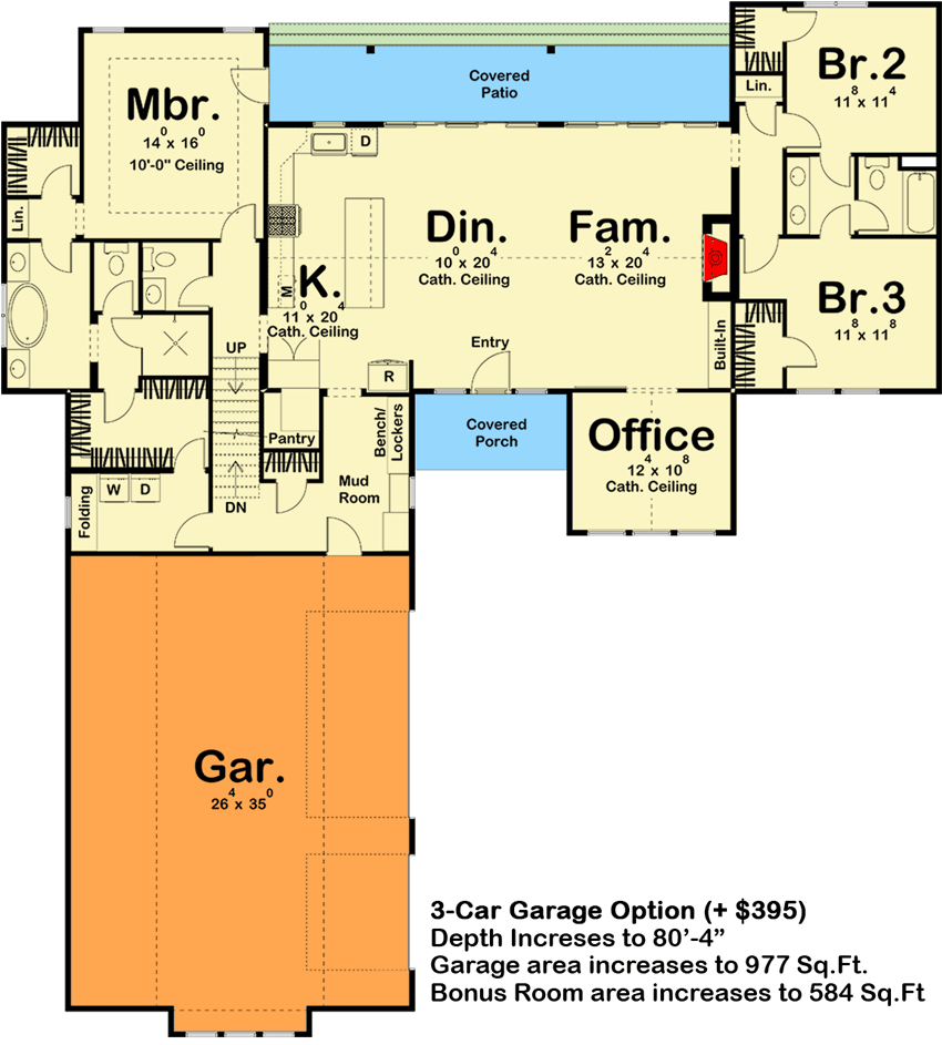 Modern Farmhouse Plan with Bonus and Lower Level Expansion - 62834DJ floor plan - Main Level - 3-Car Garage Option (+$395)