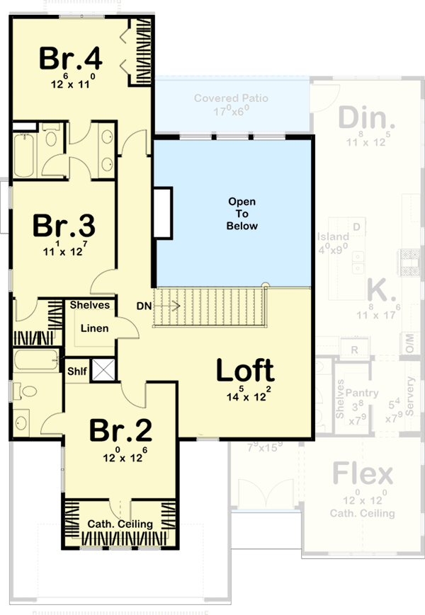 4-Bed New American House Plan with 2-Story Great Room - 62882DJ floor plan - 2nd Floor