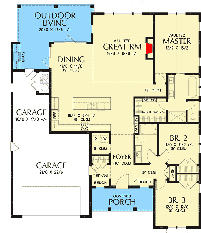3-Bed New American House Plan with Vaulted Great Room - 69715AM floor plan - Main Level