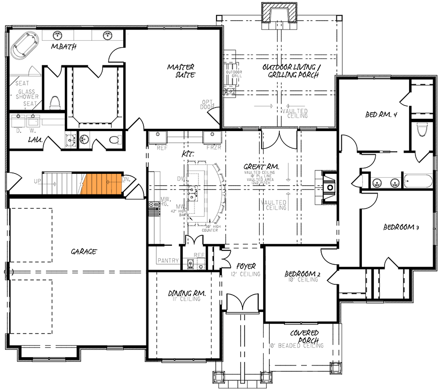 4-Bed Country House Plan with Vaulted Ceiling and Bonus Room - 70676MK floor plan - Main Level - Basement Stairs Location