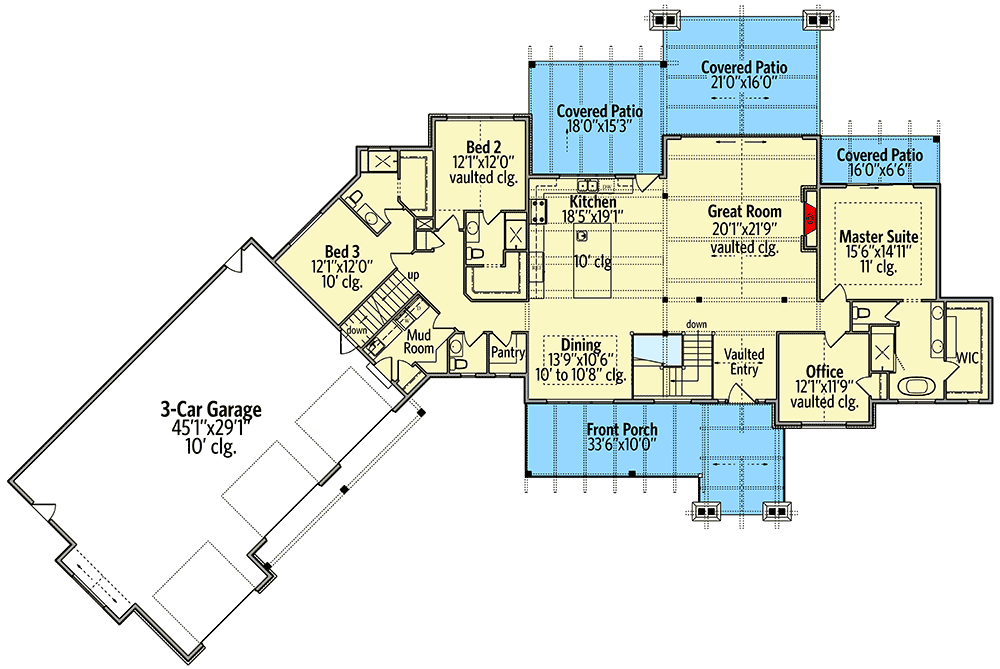 Mountain Craftsman Home Plan with Angled 3-Car Garage - 95081RW floor plan - Main Level