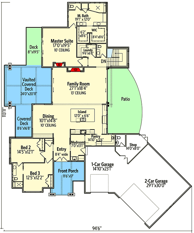 Stunning Mountain Craftsman Home Plan with Angled Garage - 95092RW floor plan - Main Level